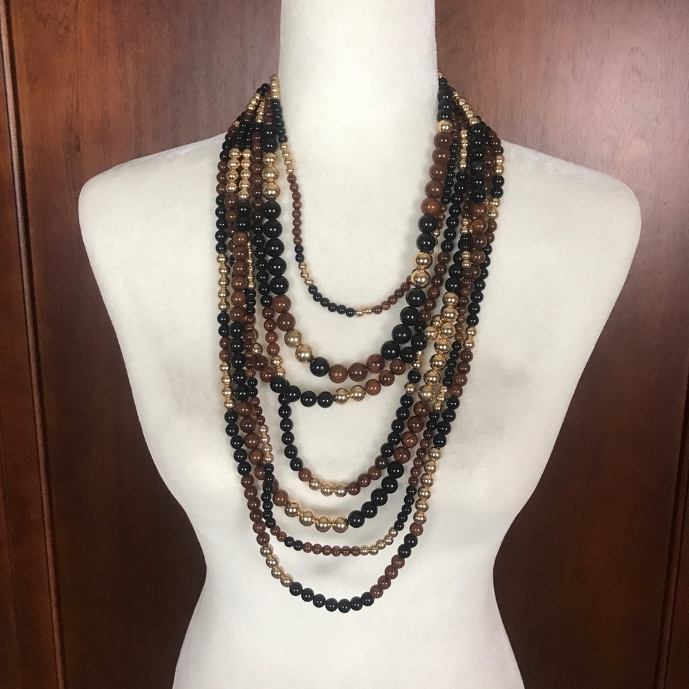Signed Graziano Brown Gold 7 layered Multi Beaded Necklace